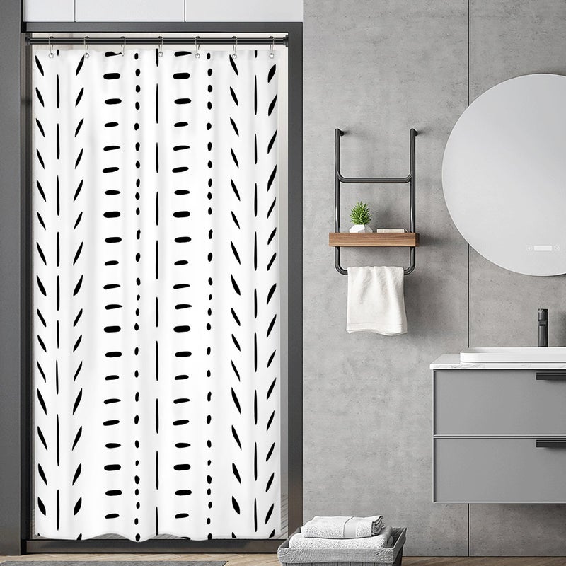 ريديكور Riyidecor Boho أبيض أسود كشك صغير نصف حجم ستارة دش النوم 36x72 بوصة مخطط هندسي شيفرون متعرجة واحدة ضيقة صغيرة المشي الوقوف ديكور النسيج مجموعة الحمام البوليستر مقاوم للماء - Image 1